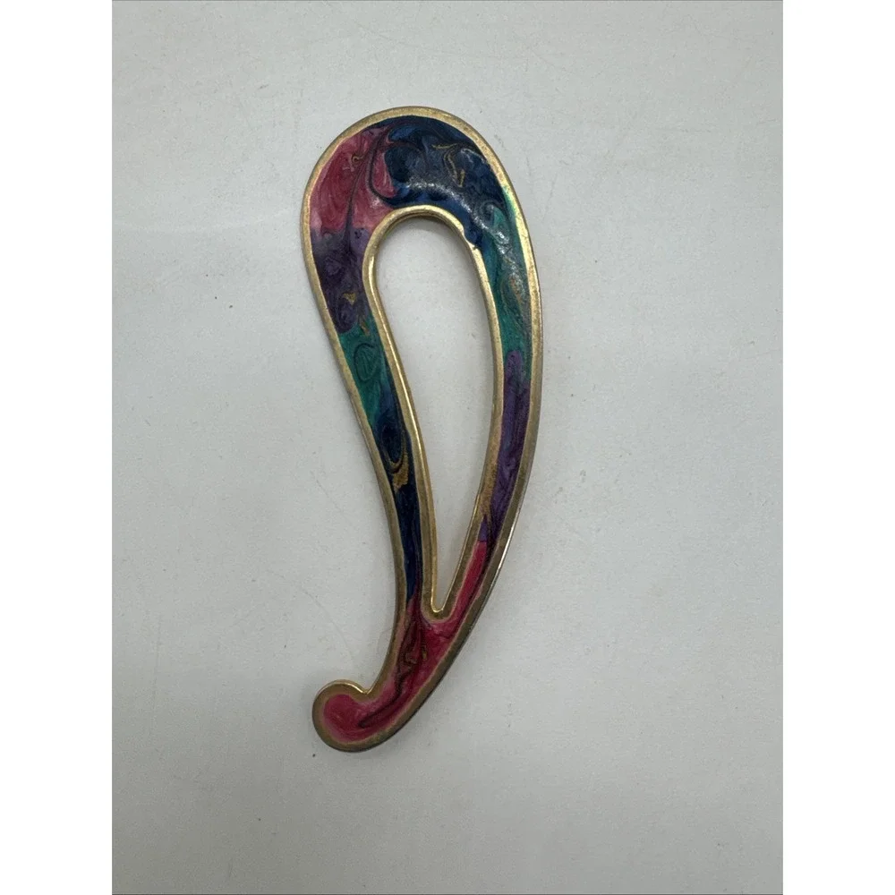 Vintage Paisley Enamel Brooch Gold Tone Pink Teal‎ Purple Teardrop Pin 4